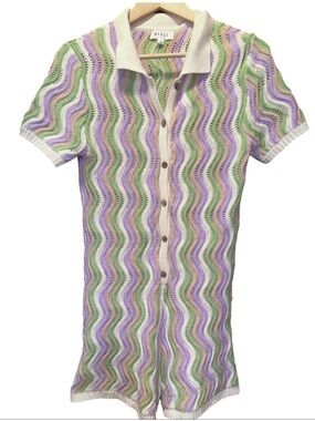 Anthropologie/Mable Crochet Short-Sleeve Romper in Green, Lavender & Cream